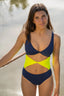 Trikini Costa Bicolor marino y amarillo con aberturas para mujer y teen de Moûtt Girls.