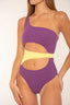 Trikini Perú Bicolor morado y amarillo con aberturas para mujer y teen de Moûtt Girls.