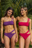 Bikini Boracay color morado top Bandeau asimétrico con dos tirantes y braga con abertura en cadera para mujer y teen de Moûtt Girls.