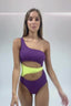 Trikini morado y amarillo modelo Perú con aberturas delanteras y tejido cruzado de Moutt Girls.